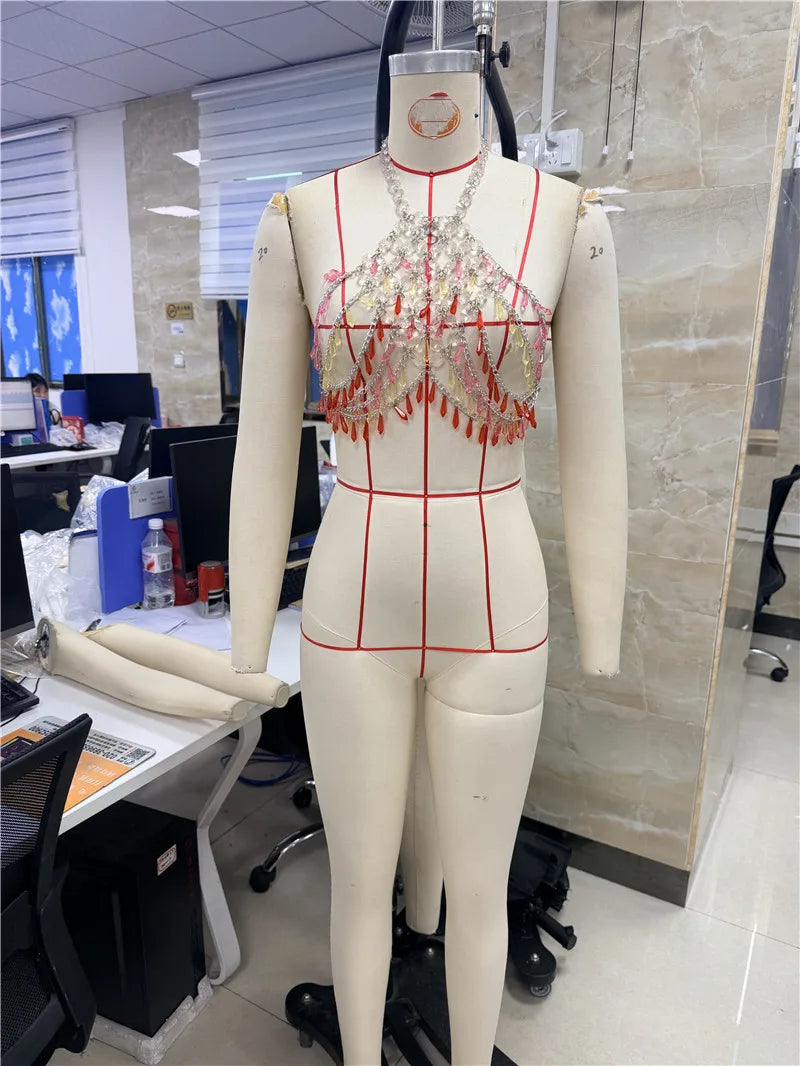 Sexy Women Metal Gem Chain Neck Hanging Backless Vest Bra Hot Girl Tassel Vest Women's Tight Fit Short Top Party Clubwear