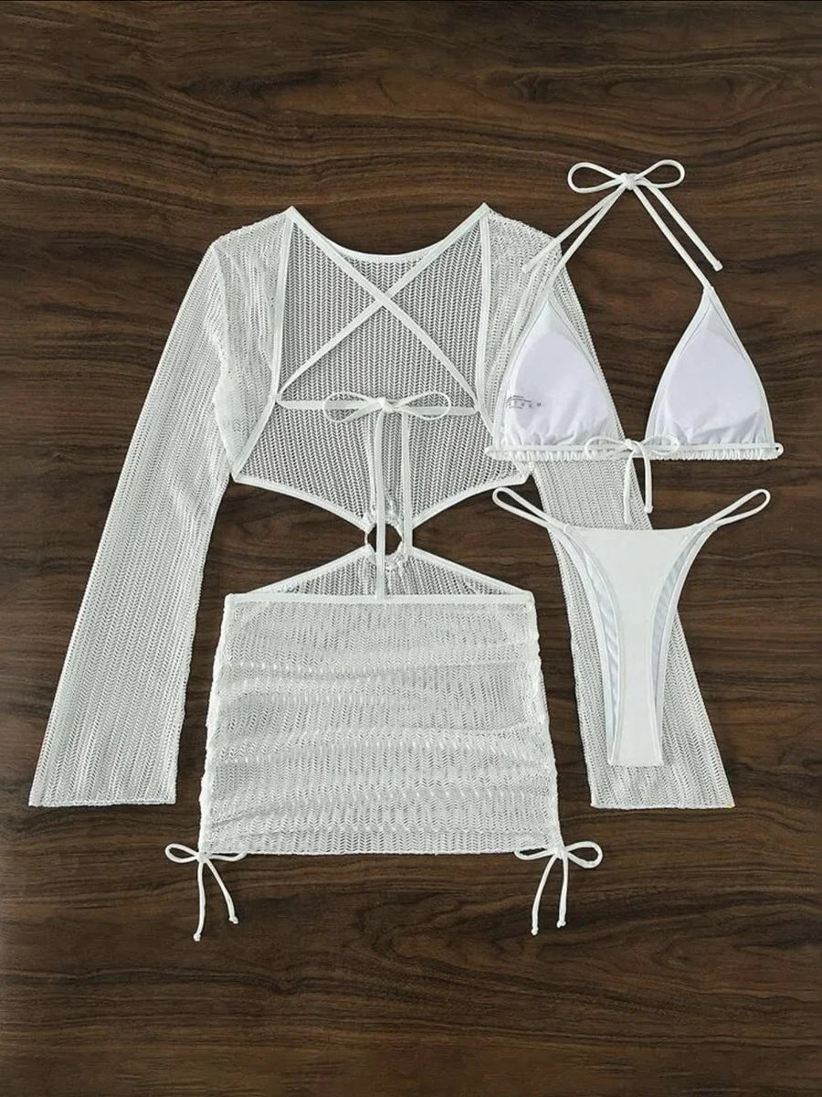 Mesh Sheer Long Sleeve Cover-Up Micro Bikini Female Swimsuit Women Swimwear Three-pieces Bikini Set Bathing Suit Swim Beach Wear