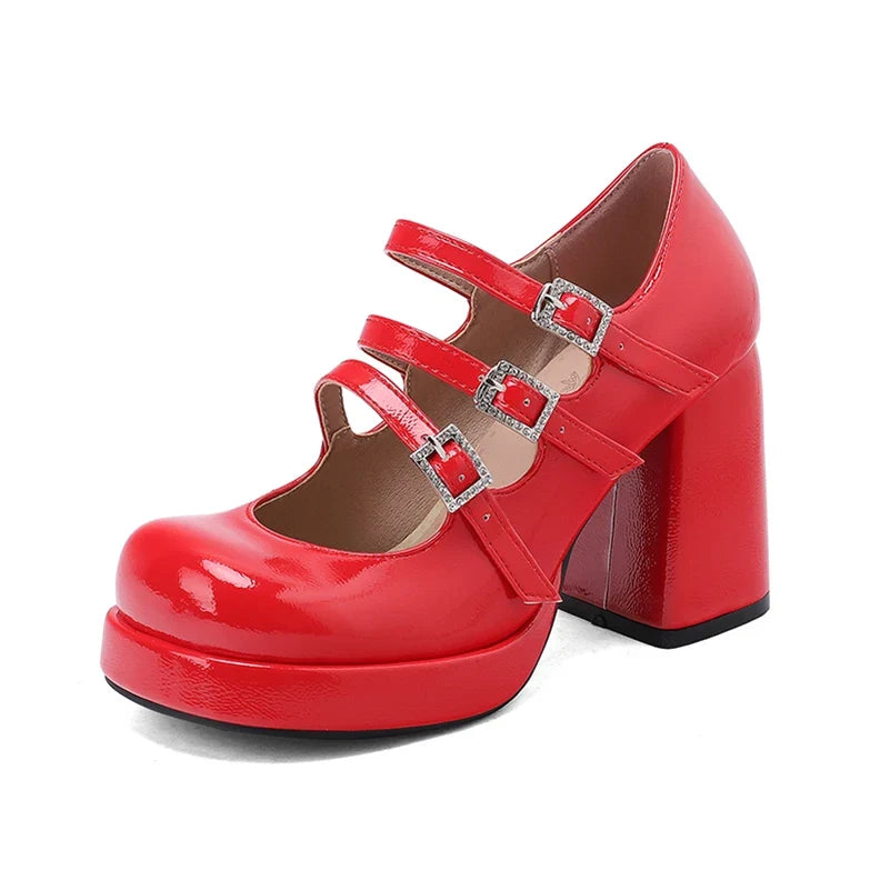 Plus Size Women Red Patent Leather Platform Mary Jane Shoes 3 Rhinestone Buckle Straps Chunky Block  Y2K Lolita Party Pumps