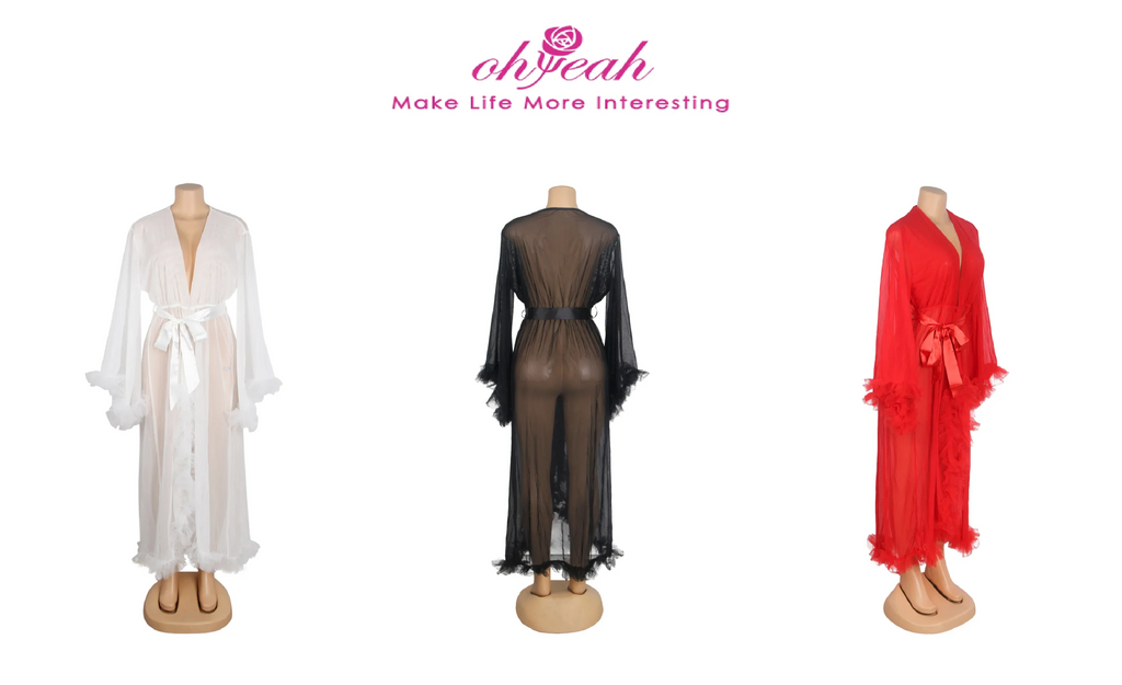 White Mesh Long Robe for Women Sexy See Through Sleepwear Plus Size Ruffled Belted Nightgown Lingerie