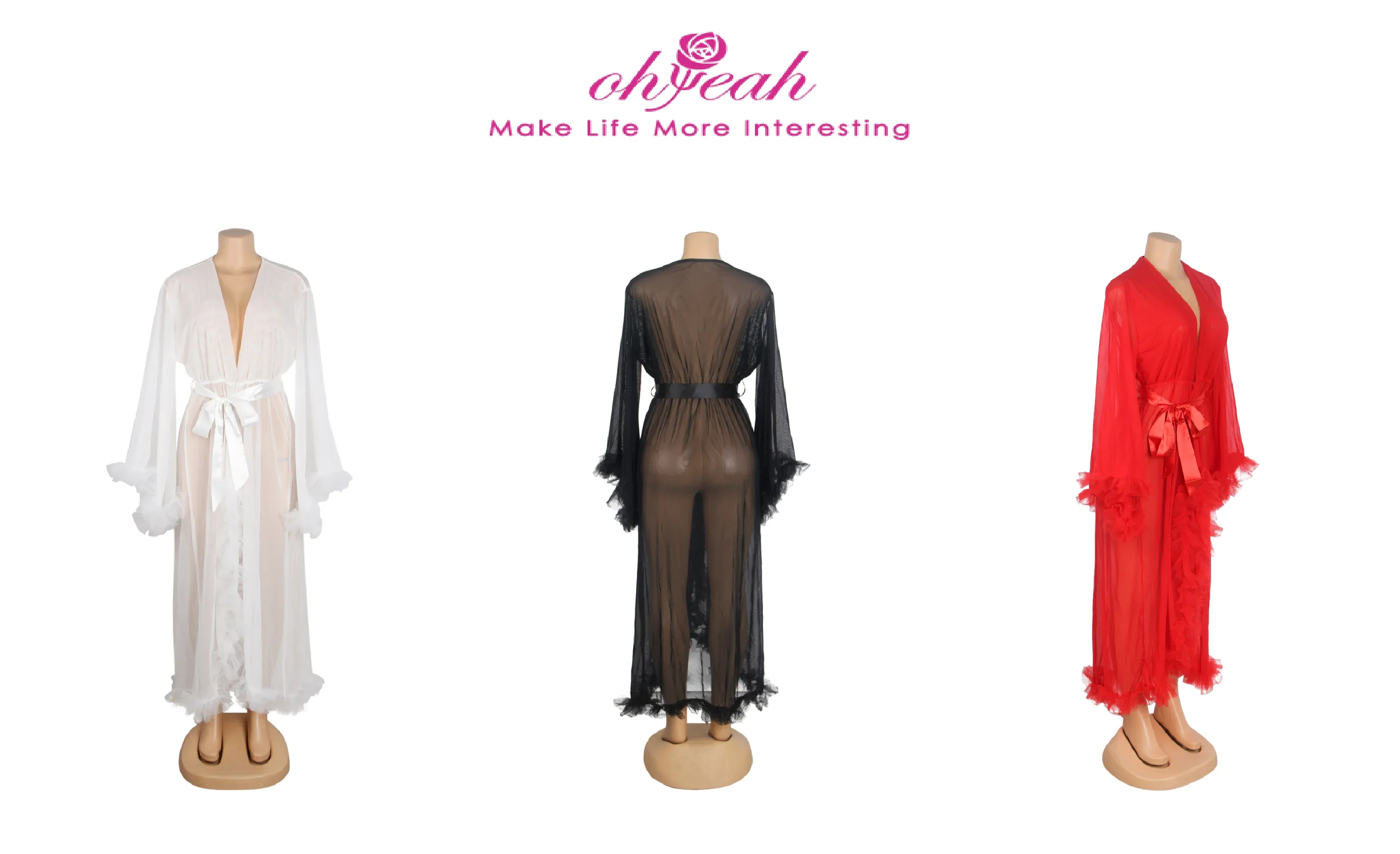 White Mesh Long Robe for Women Sexy See Through Sleepwear Plus Size Ruffled Belted Nightgown Lingerie