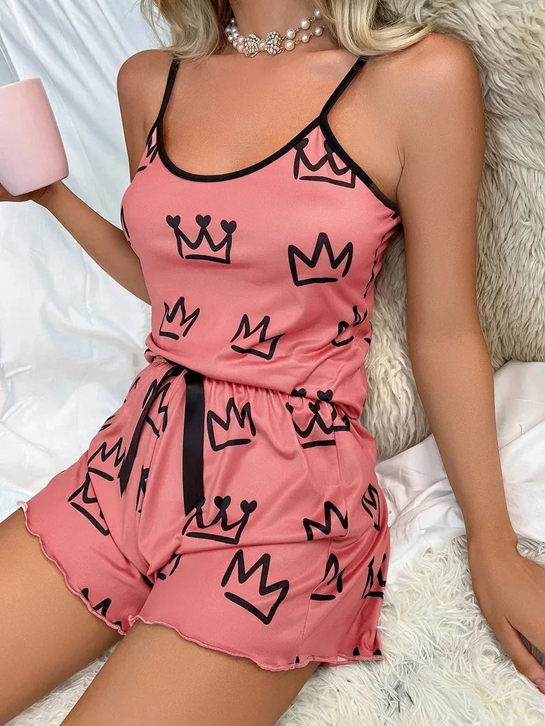 Summer Y2K Cute Crown Cartoon Print Top and Shorts Sleepwear Women 2Pcs Pajamas Set Loungewear Sexy Pyjamas