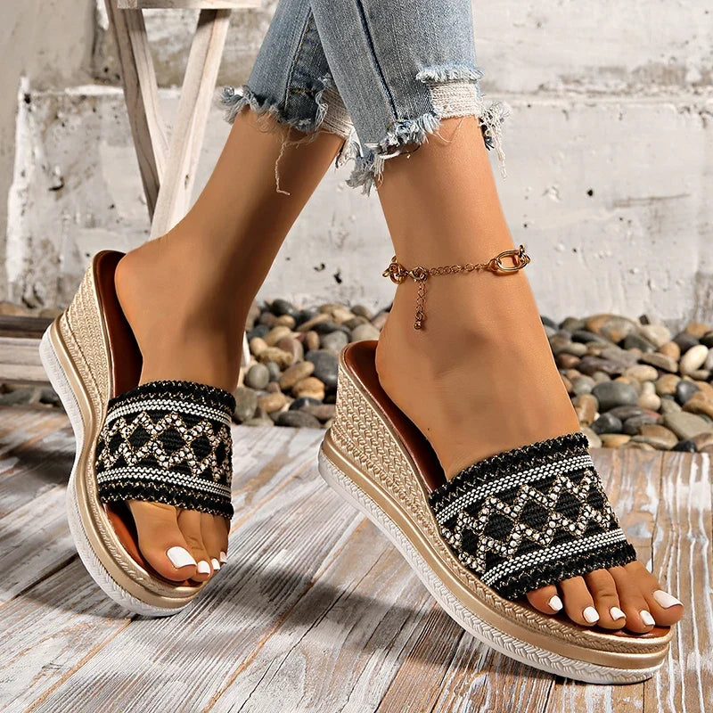 Bohemian Style Wedges Sandals for Women 2026 Summer High Heels Platform Slippers Woman Plus Size 43 Thick Sole Rome Sandals