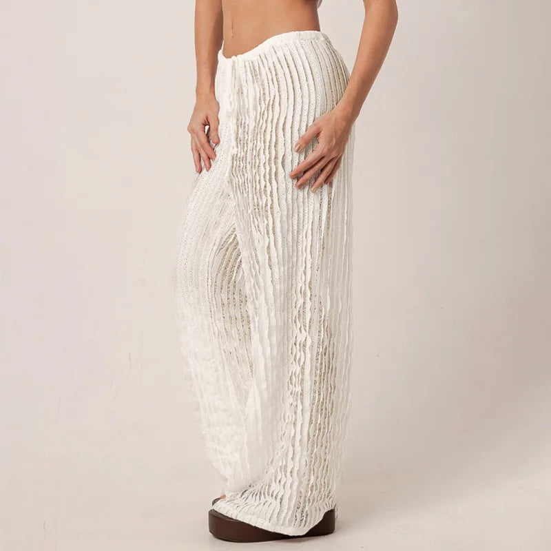 Women's trousers, fashionable and versatile, solid color, drawstring straight trousers, beach sun protection trousers
