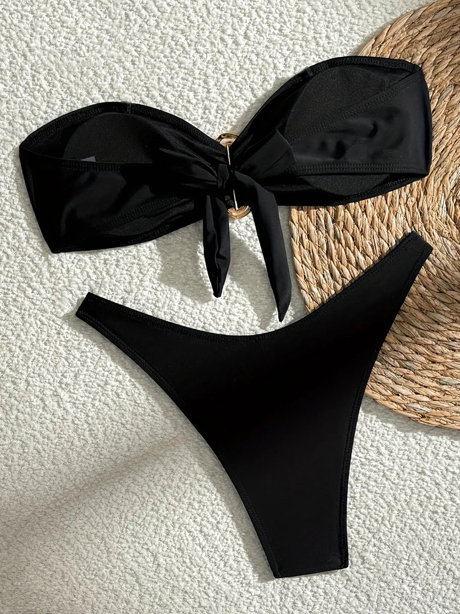 XS - L Metal Ring Bandeau Bikini Women Swimwear Female Swimsuit Two-pieces Bikini set Brazilian High Cut Bathing Suit Swim Lady