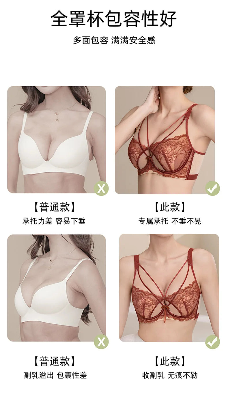 Women's French Pure Desire Lace Lingerie Set - Rabbit Ear Cup Thin Push Up Bra Minimizer for Large Bust