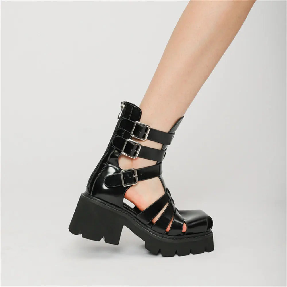 2025 Brand Fashion Women's Black Summer Gladiator Sandals Fashion Leisure Square Heels Casual Platform Shoes Big Size 43