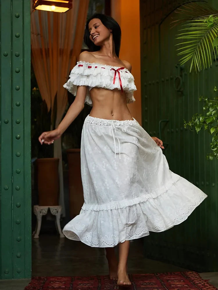 White Cotton Summer Skirt Women Embroidery A-line Long Skirt Spring Lace Up Beach Bobho Skirt Bottoms High Quality Faldas Mujer