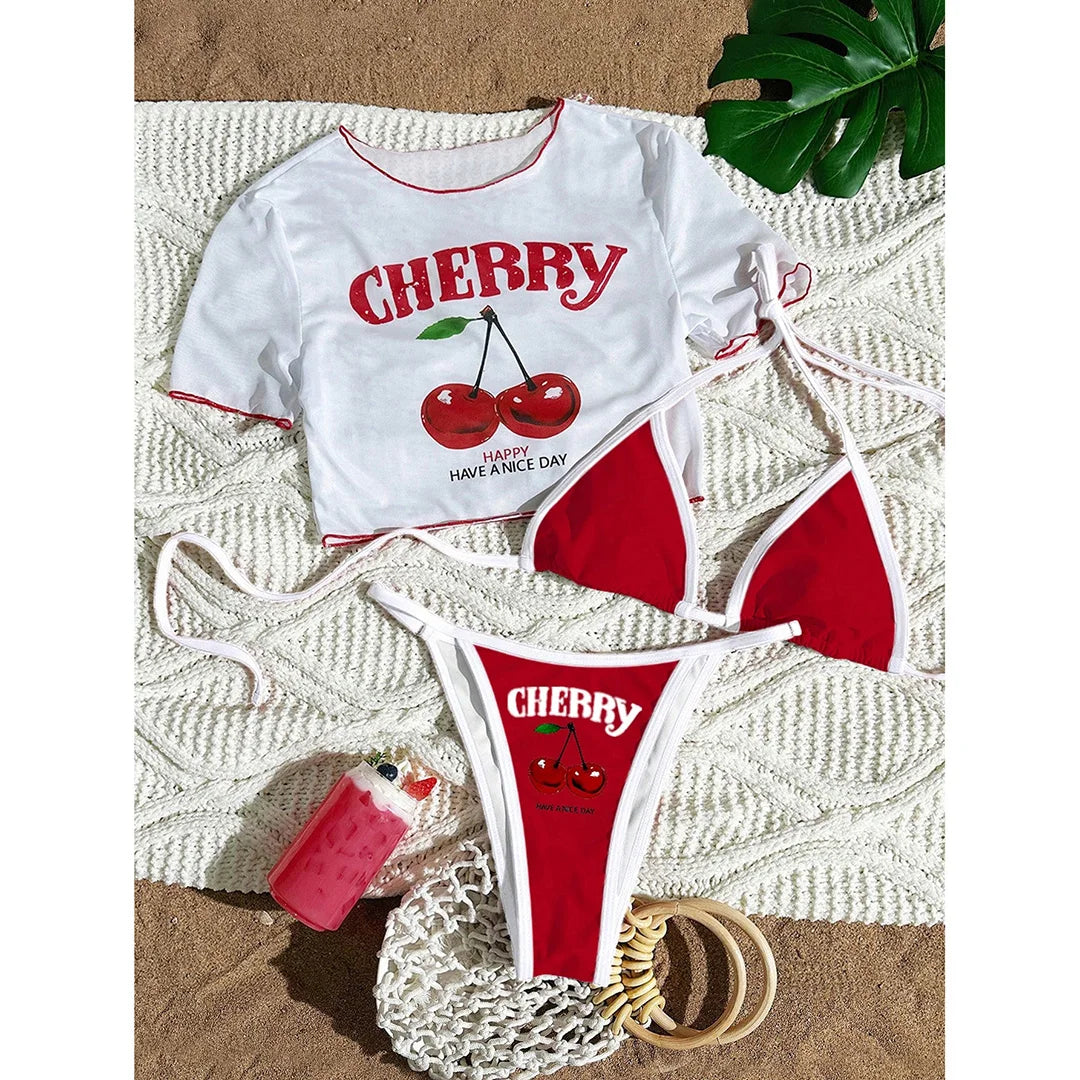 XS -XL Cherry Printed Short Sleeve Bikini Female Swimsuit Women Swimwear Three-pieces Bikini set Bather Bathing Suit Swim V6854