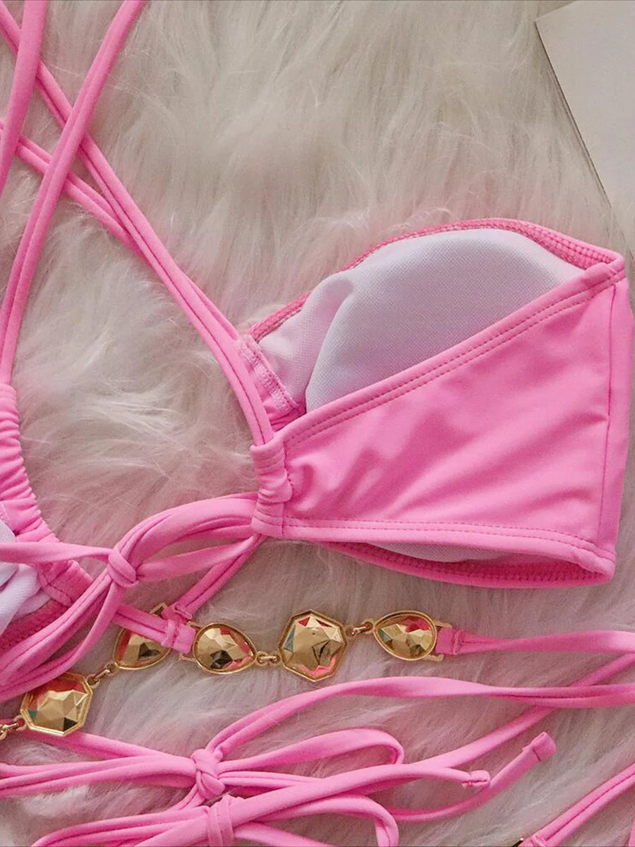 Wrap Around Halter Rhinestones Diamond Bikini Women Swimsuit Female Swimwear Two-pieces Bikini Set Bathing Suit Swim Beach Wear