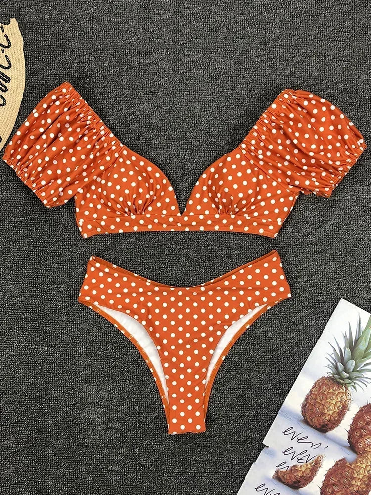Sexy V Neck Short Sleeve Bikinis Polka Dot Bikini Female Swimsuit Women Swimwear Two-pieces Bikini Set Bather Bathing Suit Swim