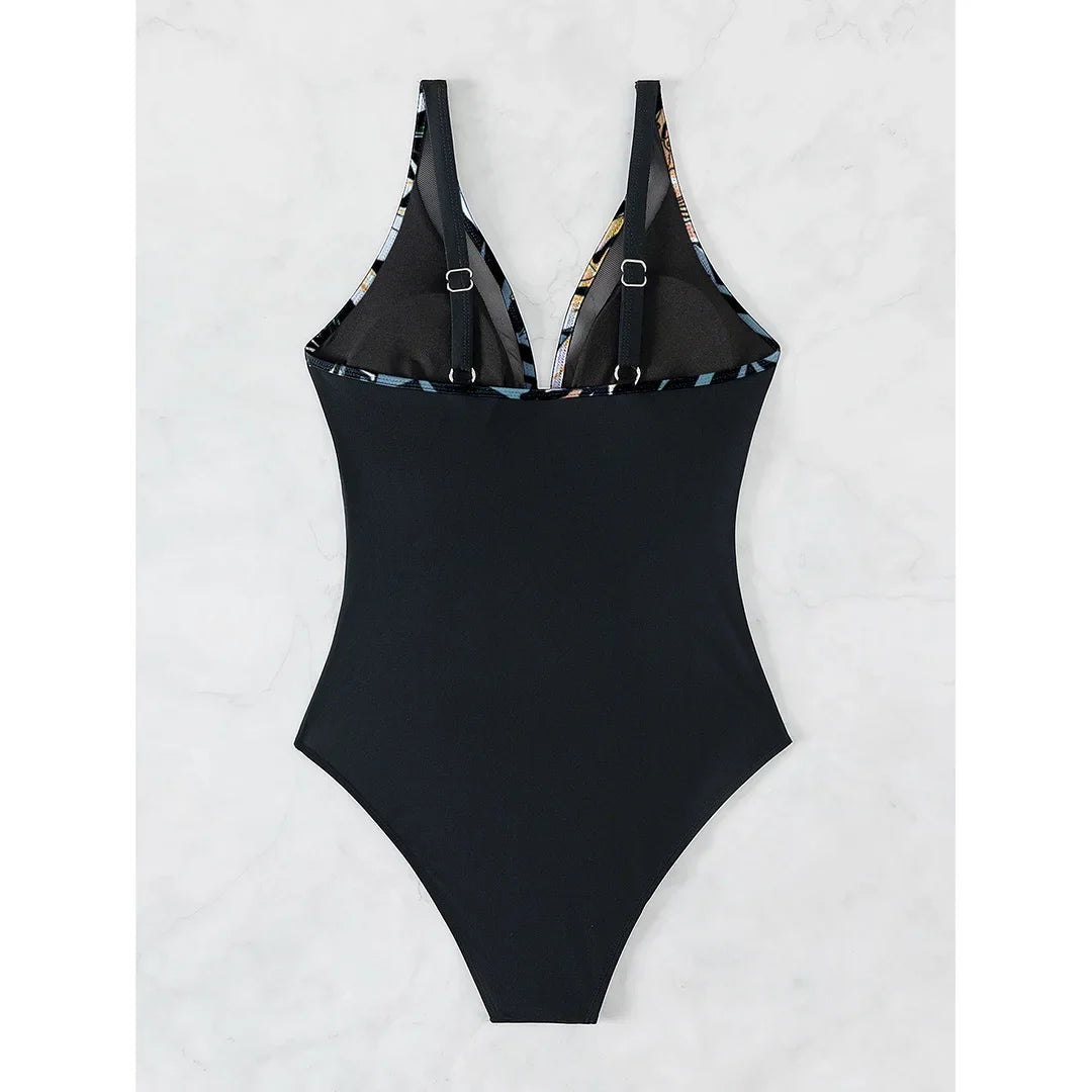 S - XL New Sexy Mesh Sheer V Neck Women Swimwear One Piece Swimsuit Female High Leg Cut Monokini Bather Bathing Suit Swim V5136