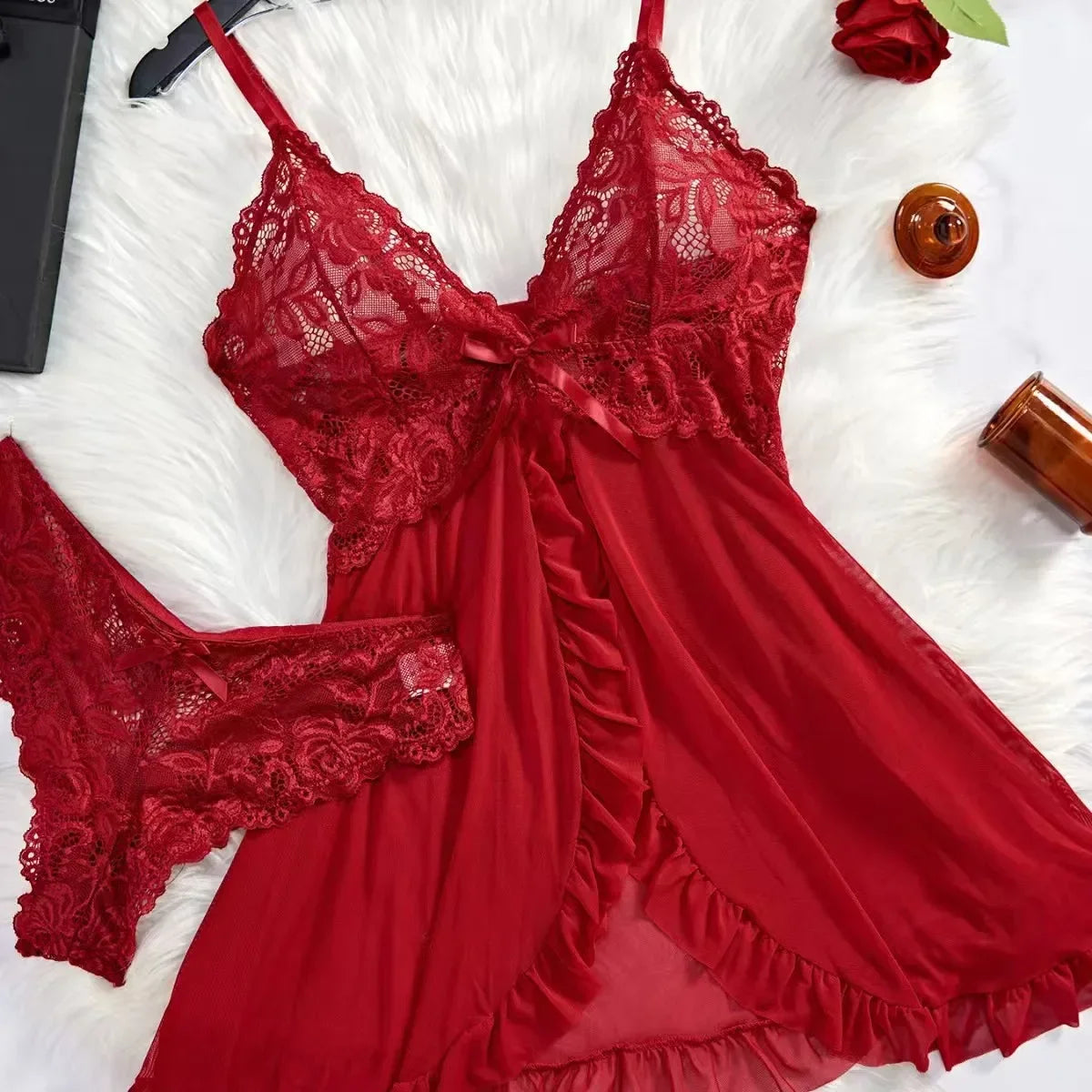 New Summer Erotic Pajamas Home Wear Dress Sexy Lingerie Floral Lace Romantic Nightgown Sheer Seductive Panties Porn Nightdress