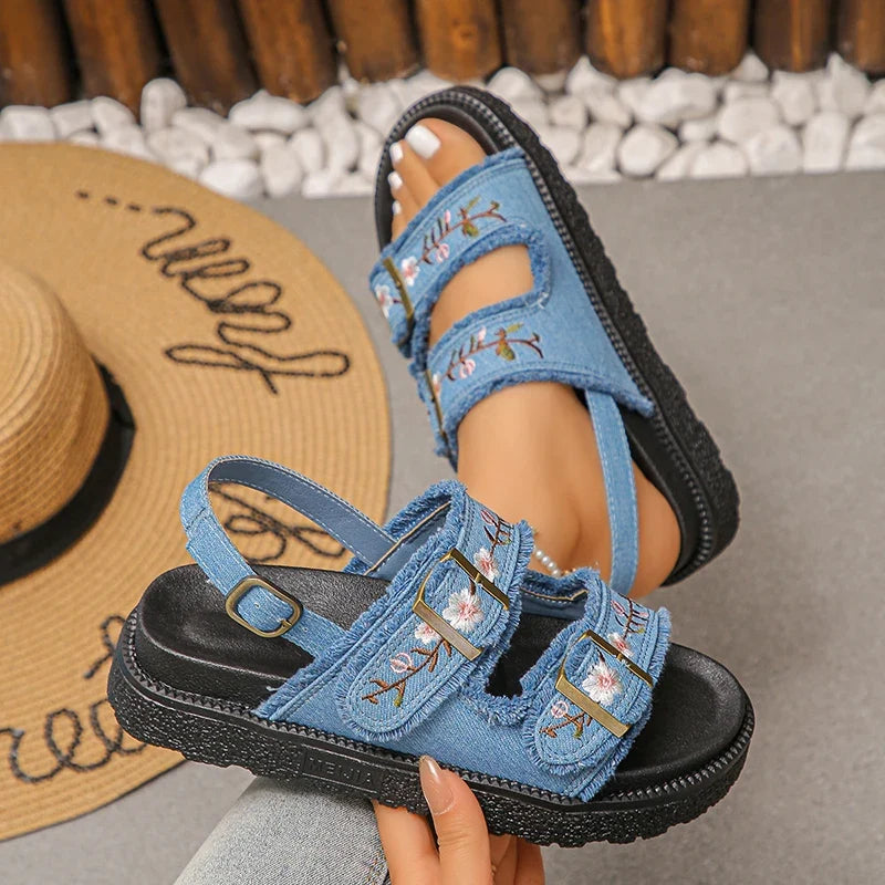 Fashion Flowers Embroidery Platform Sandals Women Plus Size 43 Back Strap Thick Bottom Sandles Woman Anti Slip Summer Sandals
