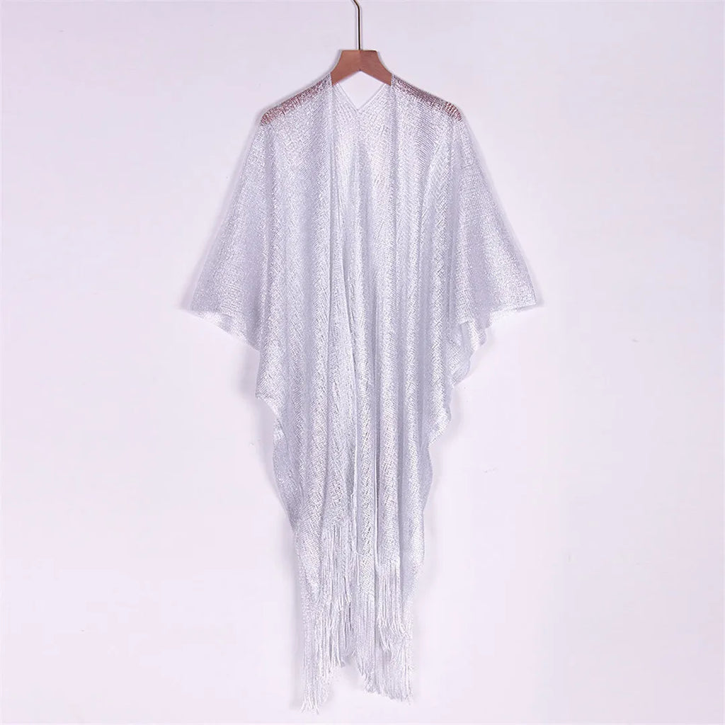 Sexy Fringe Tassel Mesh Sheer Shiny Knitted Tunic Beach Cover Up Cover-ups Beach Dress Beach Wear Beachwear Female Women V3321