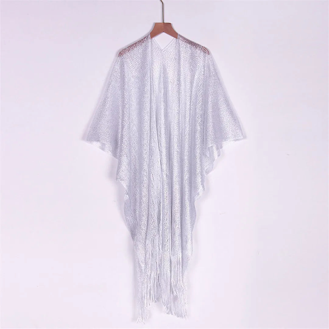 Sexy Fringe Tassel Mesh Sheer Shiny Knitted Tunic Beach Cover Up Cover-ups Beach Dress Beach Wear Beachwear Female Women V3321