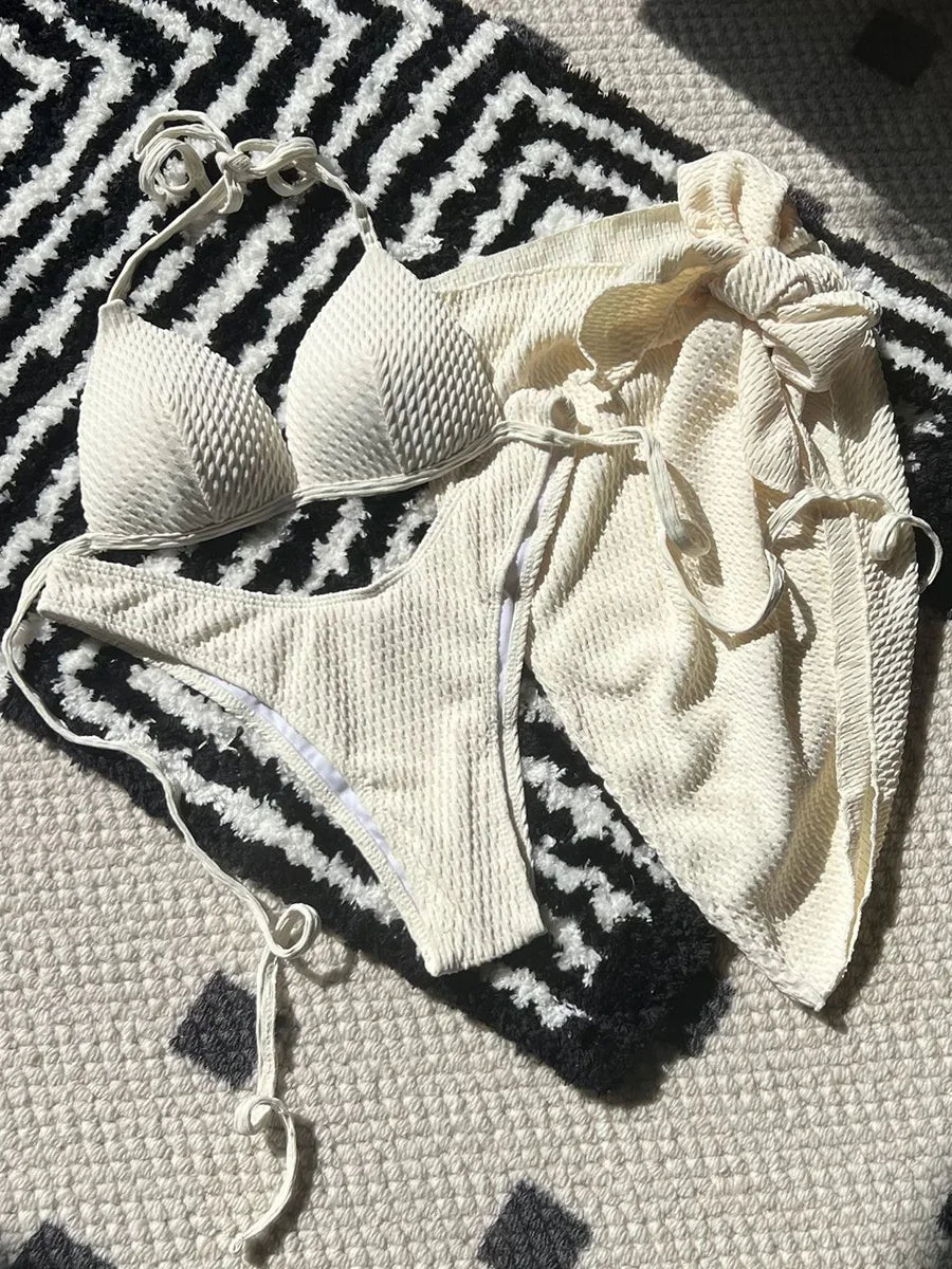 With Skirt Wrinkled Bra Cup Bikini Female Swimsuit Women Swimwear Three-pieces Bikini Set Push Up Bathing Suit Swim Beachwear