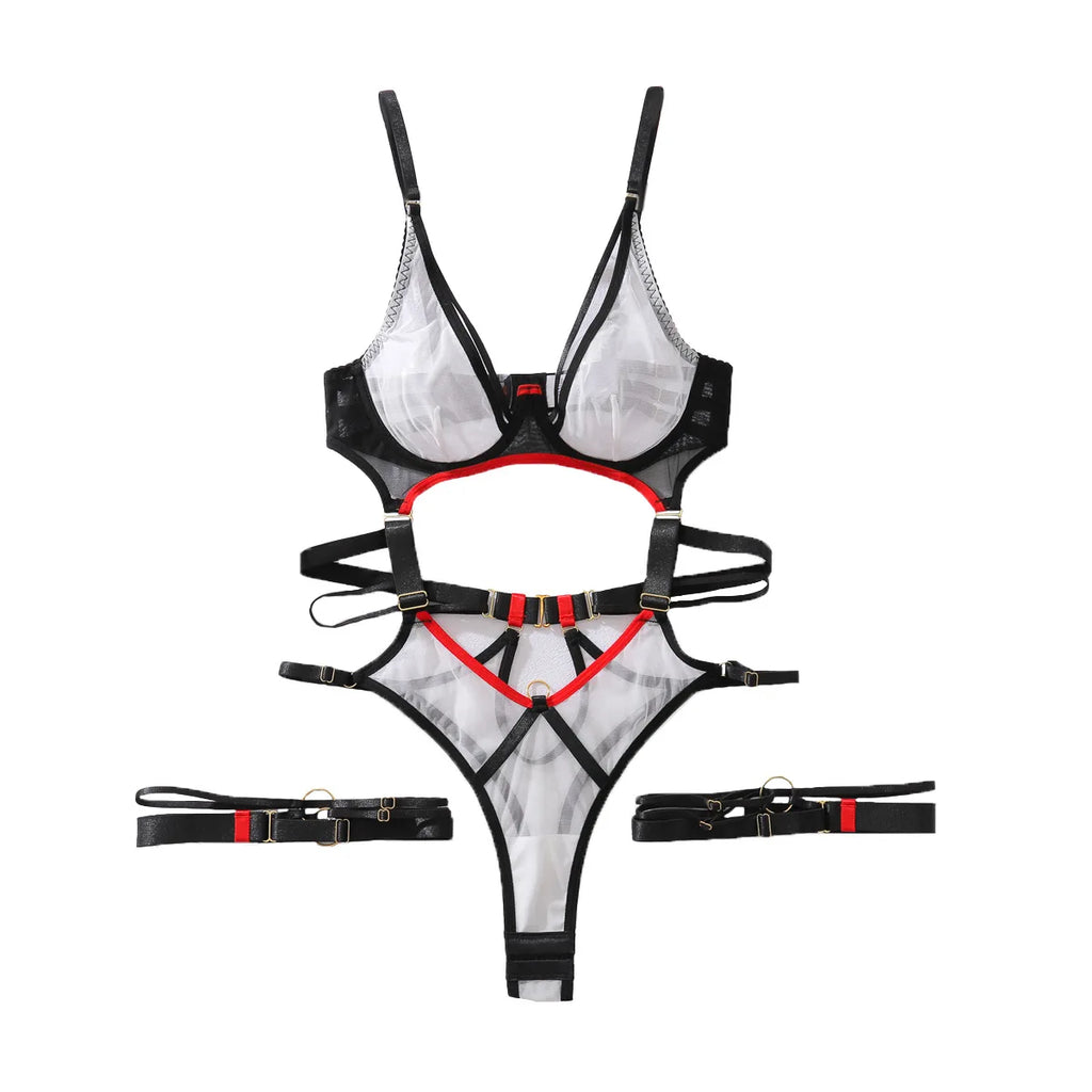 Summer Thin Mesh Hollow Sexy One-piece with Leg Rings Sexy Underwear with Underwire