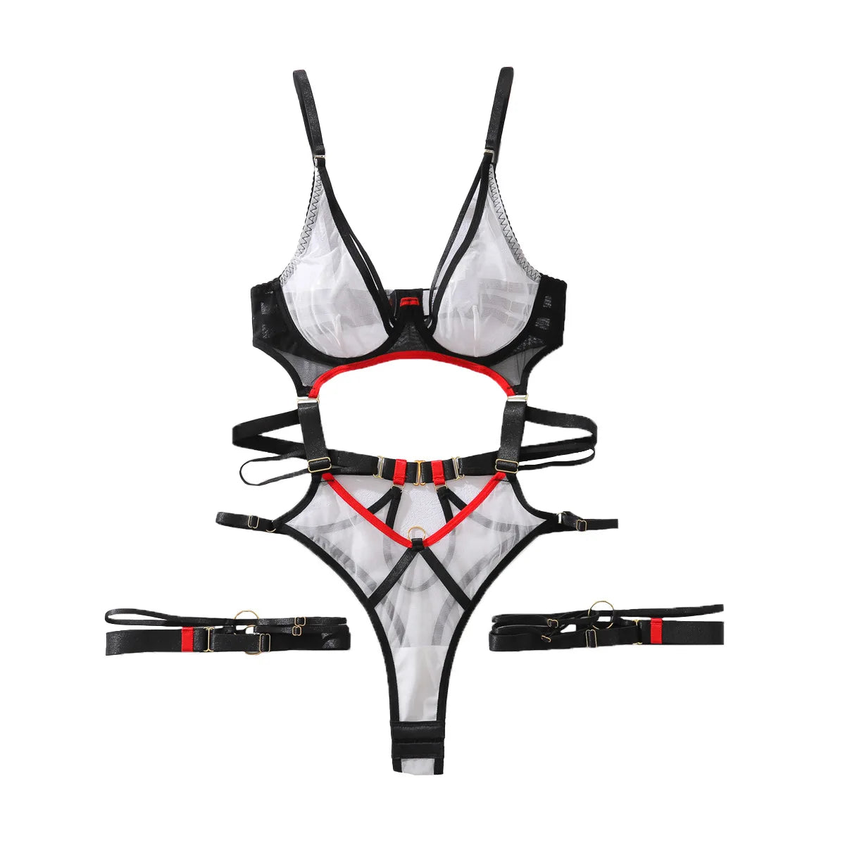 Summer Thin Mesh Hollow Sexy One-piece with Leg Rings Sexy Underwear with Underwire