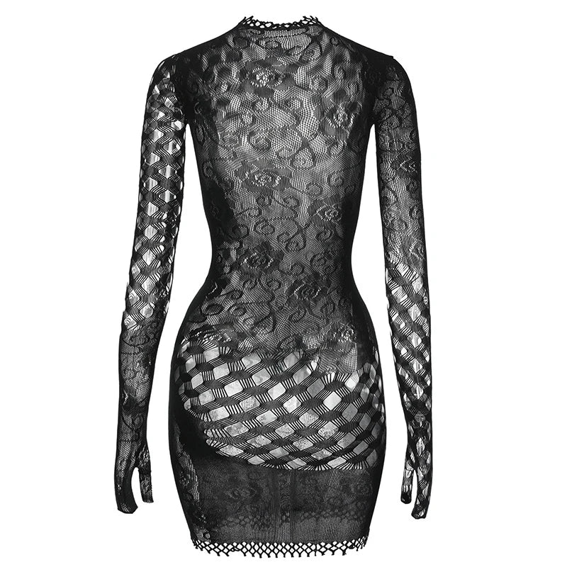 Women Sheer Mesh Long Sleeve Beach Cover Up, Sexy See-Through Fishnet Dress, Solid Bodycon  For Summer Beach Party