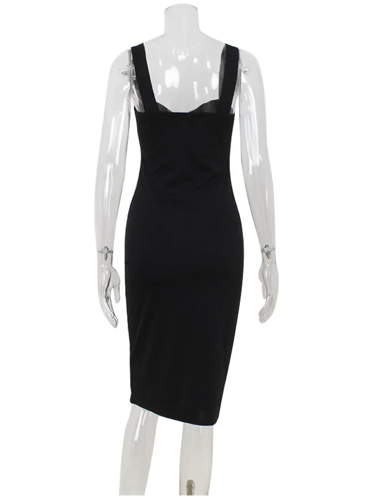 Ahagaga Elegant Women's Maxi Dresses Solid Camisole Square Collar Sleeveless Sheath Bodycon Slim Fit Party Female Vestidos Robes