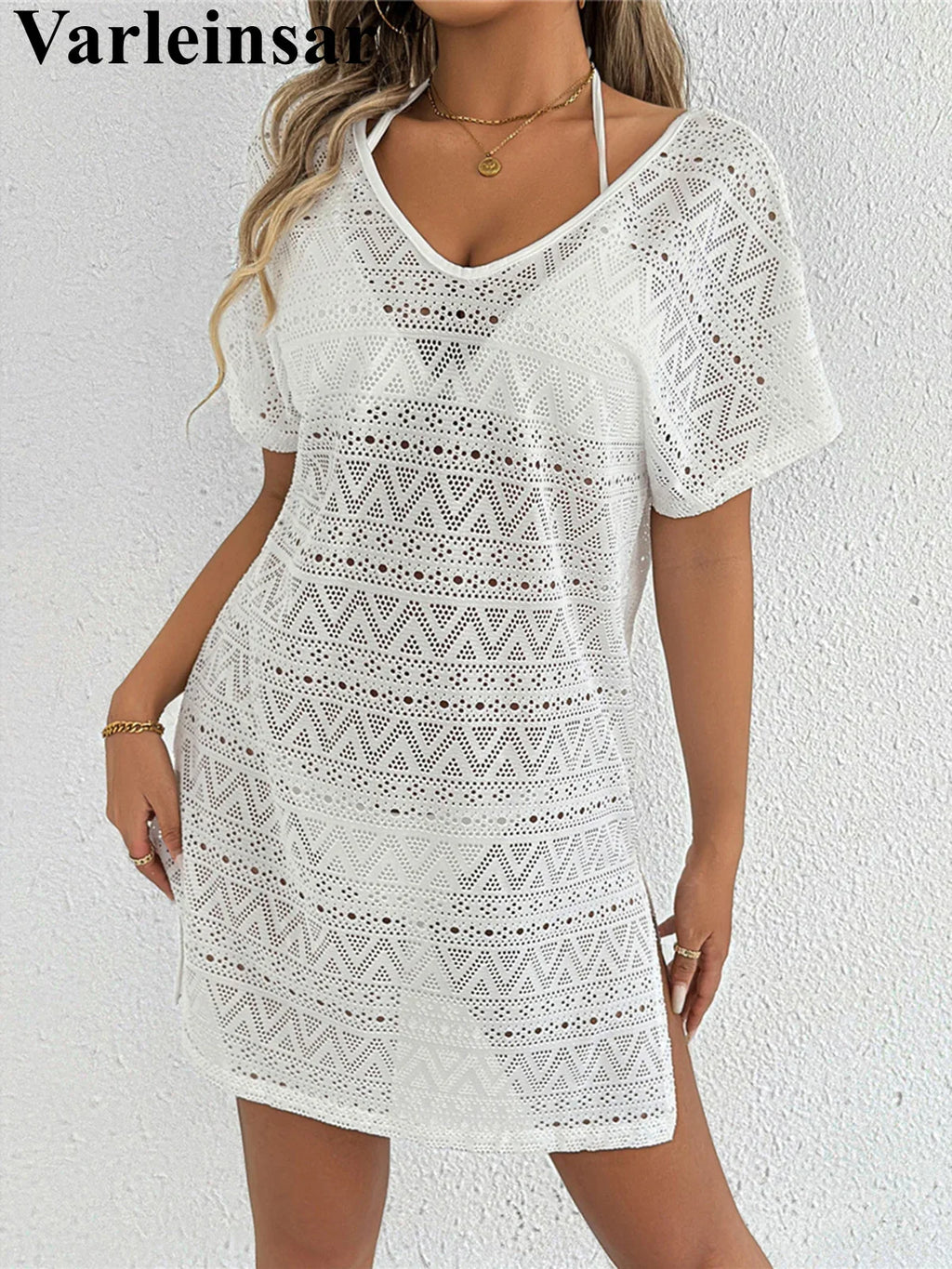 S - XL V Neck Short Sleeve Hollow Out Knitted Tunic Beach Cover Up Cover-ups Beach Dress Beach Wear Beachwear Female Women V8214