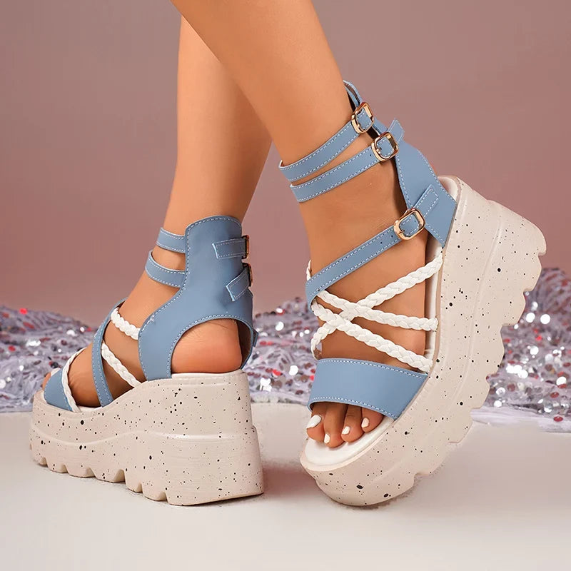 Cross Band Chunky Platform Sandals Women 2025 Summer Thick Sole Wedges Rome Sandles Woman Super High Heel Gladiator Sandalias 43