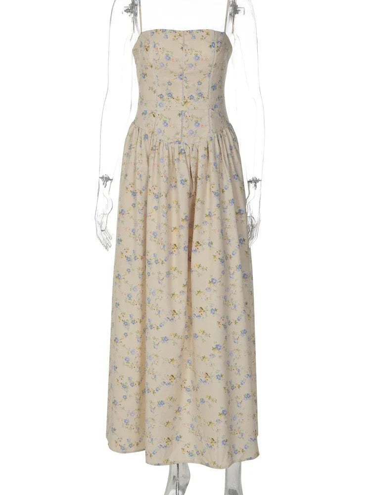 FDYOUI 2026 Summer Spaghetti Strap A-line Floral Vacation Dress for Women Elegant High Waist Tunics Long Party Evening Dresses