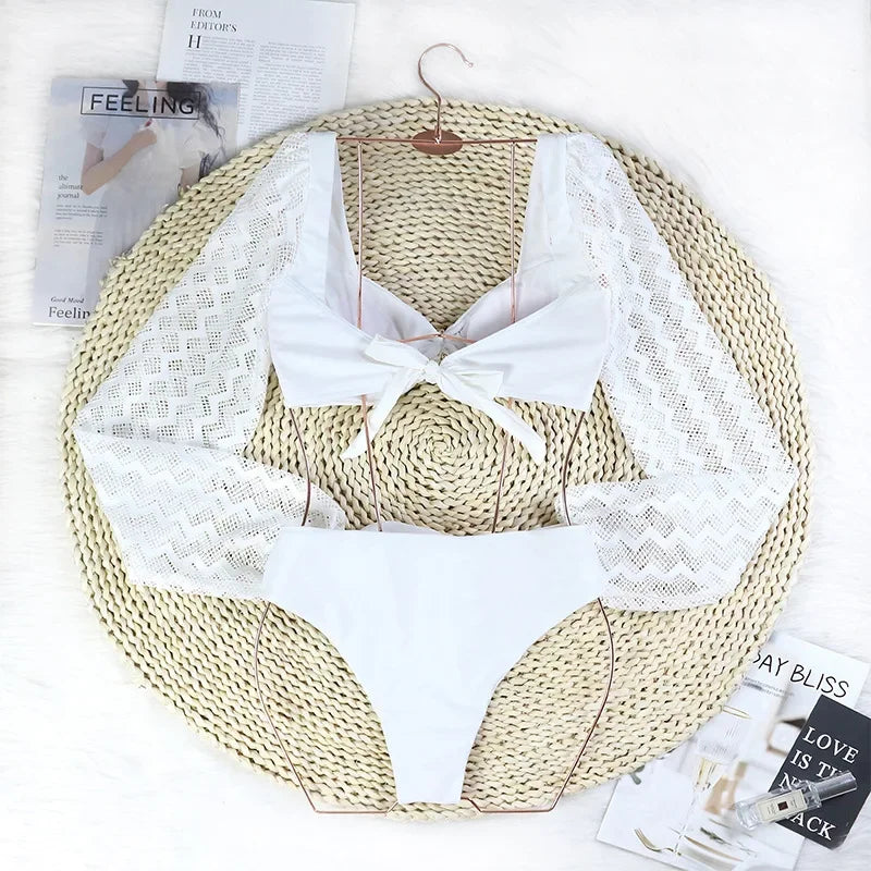 Two-Piece Swimwear Swimsuit Women Push Up Sexy Hollow Long Sleeves High Waist Bowknot Backless White Bikinis Set Bathing Suit