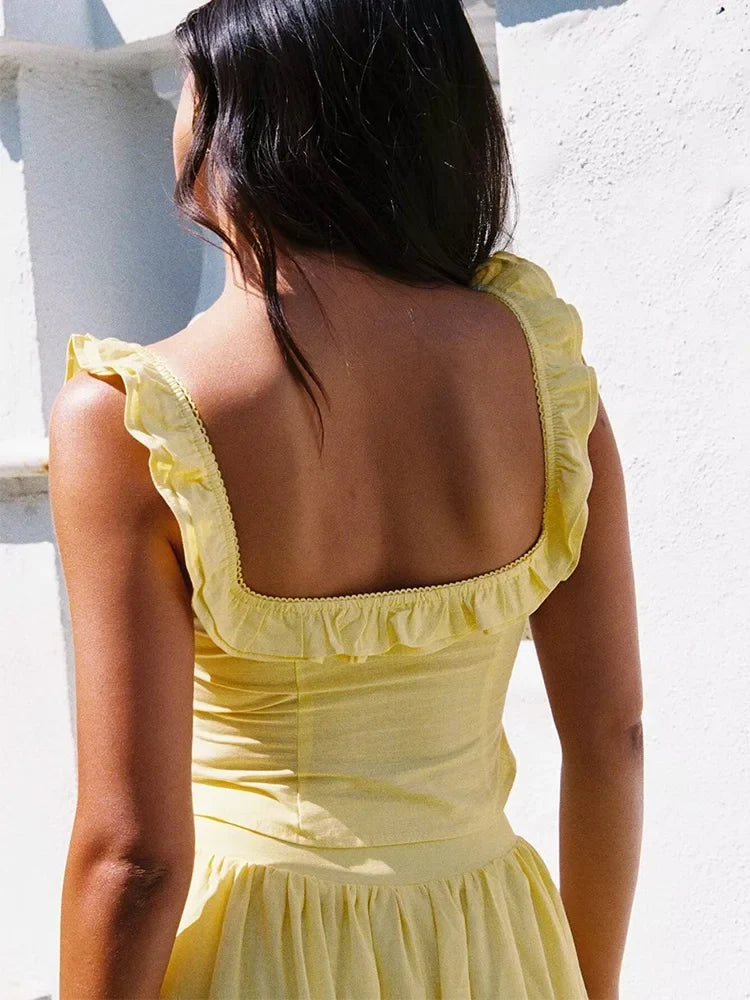 Summer Women White Cotton Dress Set 2025 Top+skirt 2 Pcs Outfit Ruffles Button Slim Top A-line Maxi Skirt Beach Casual Dress