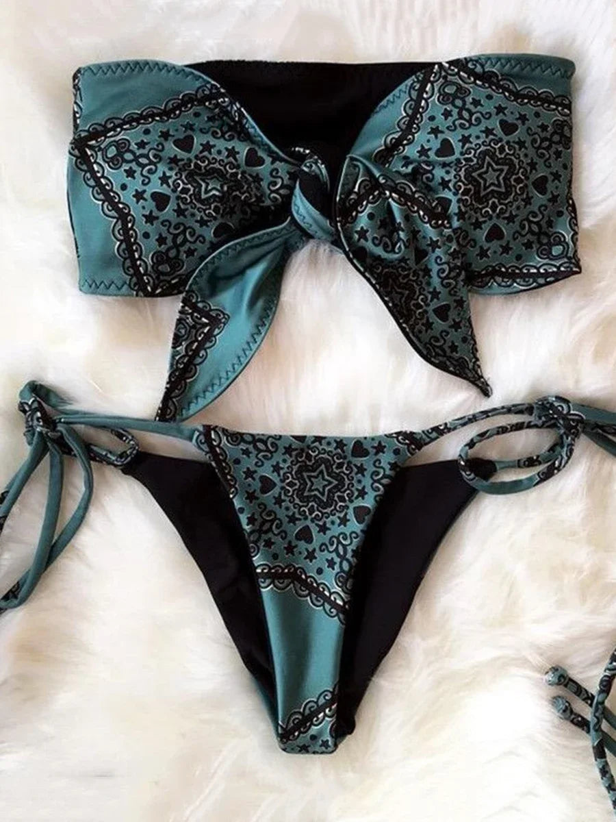 Sexy Printed Bow Knotted Bandeau Bikini 2026 Women Swimsuit Female Swimwear Two Pieces Bikini Set Tie Push Up Bathing Suit Swim