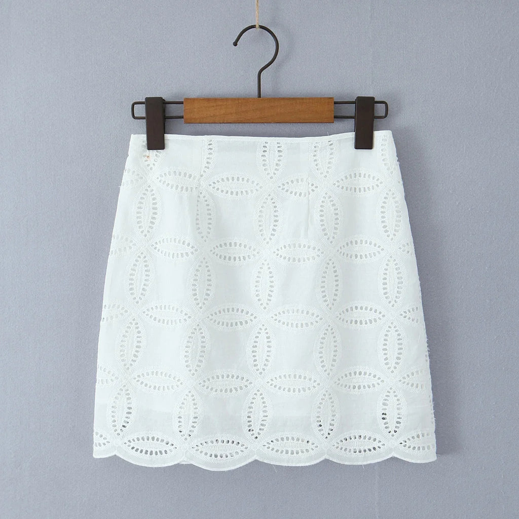 Foridol Summer Casual White Lace Dress Set for Women Hollow Out Embroidery Skirt Outfits 2 Pcs Loose Beach New Suit Skirt Set