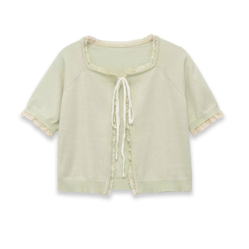 Women's Fashion Short Sleeve Round Neck Bow Lace Knit Solid Color Light Green Lace Trim Front Short Sleeve Knit Casual Top MDTM
