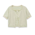 Women's Fashion Short Sleeve Round Neck Bow Lace Knit Solid Color Light Green Lace Trim Front Short Sleeve Knit Casual Top MDTM
