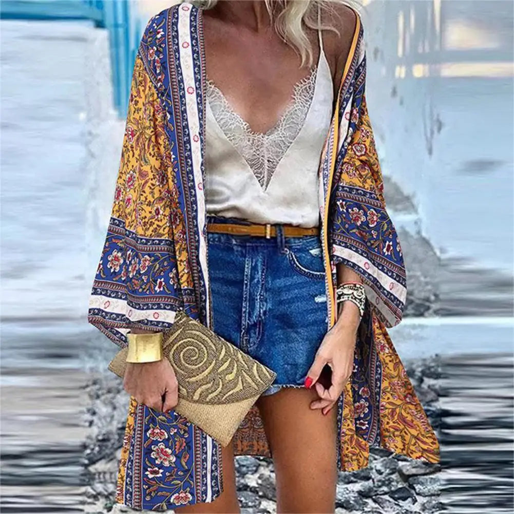 Bohemian Sun Protection Long Blouse Women Cardigan Floral Print Batwing Sleeve Summer Cardigan for Daily Wear