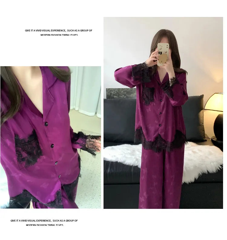 Spring and summer women's pajamas lace sweet cardigan long-sleeved suit home wear