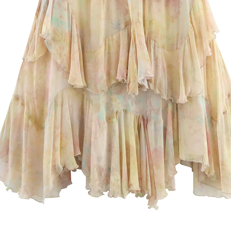 Women's Printed Layered Skirt Pastel Watercolor Print Tiered Ruffled Skirt Elastic Waist Chiffon Summer Skirt For Women 65EU