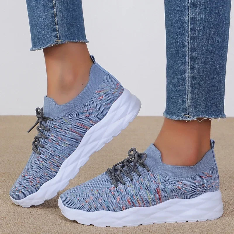 Mixed Color Knitted Platform Sneakers Women Spring Summer Casual Thick Sole Sports Shoes Woman Lace Up Non Slip Walking Shoes