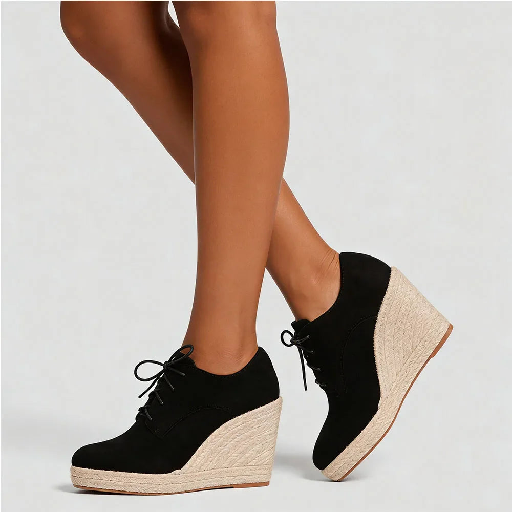 2026 Big Size 43 Vintage Brown Black Pointy Toe Lace-up High Heels Espadrilles Pumps Comfy Walk Office Lady Wedges Shoes Women