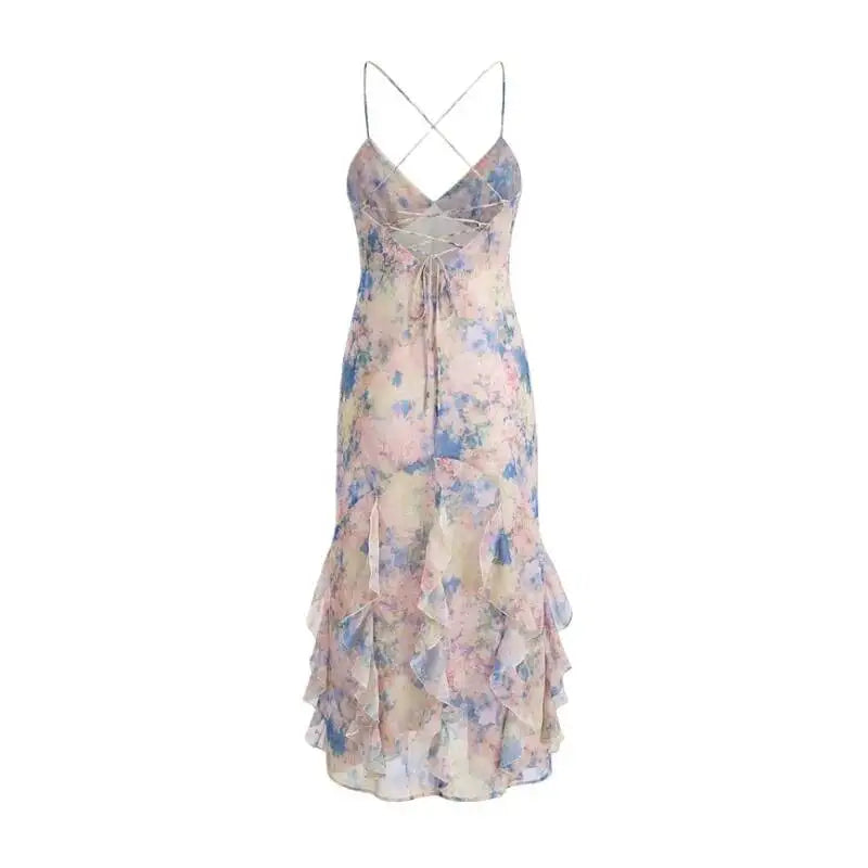 Sexy Backless Cross-strap Dress Elegant For Women With Stylish Design Ruffle Trim Slim Fit Fairy-style Beach Dress Charming FD1T