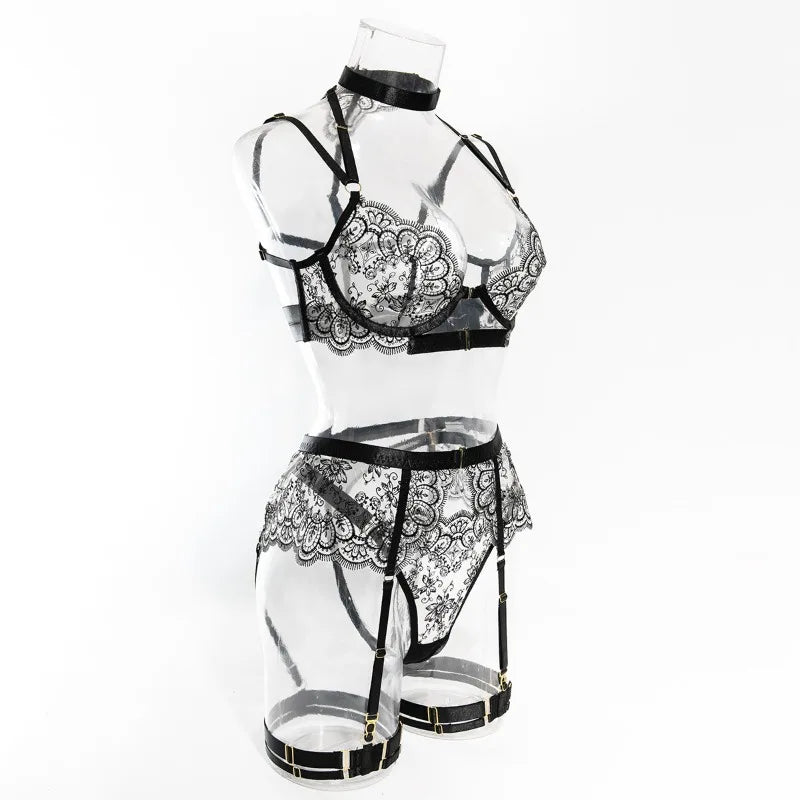 Toucheart 5 Piece Sexy Embroidery Underwear Set for Women Mesh Patchwork See-through Halter Underwear Garters Sexy Lingerie Set
