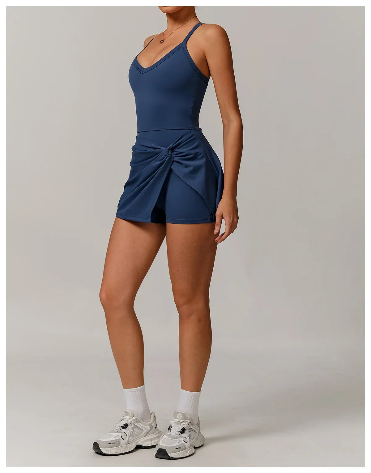 Summer Tennis Dress Women Sleeveless V Neck Slim Skirt Pleate Twisted Design Crossed Hollow Out Sports Yoga Golf Skirt Badminton