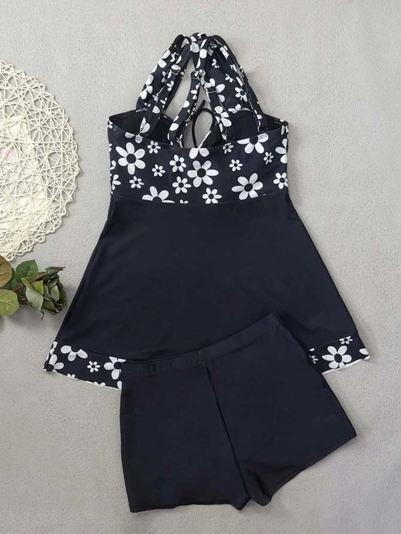 Vintage Black Flower Print Skirt Bikini Set 2026 Front Bow Crop Top Bathing Suit Swimwear Women's High Waist Swimsuit Tankini