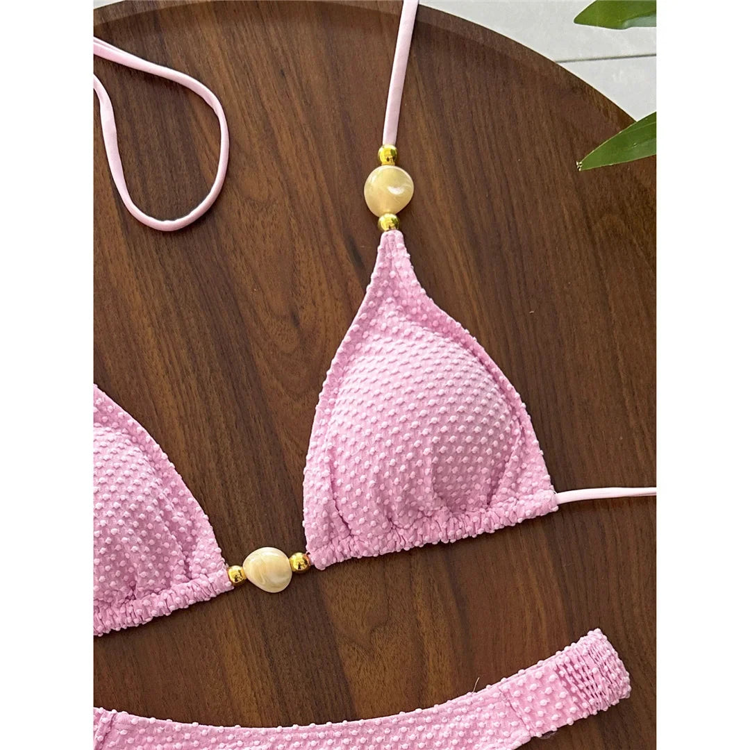 Wrinkled Crinkled Halter Bikini Female Swimsuit Women Swimwear Two-pieces Bikini set Brazilian Bather Bathing Suit Swim V8134