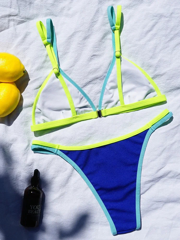 Sexy Splicing Ribbed High Cut Bikini Female Swimsuit Women Swimwear Two-pieces Bikini Set Micro Bather Bathing Suit Swim Lady