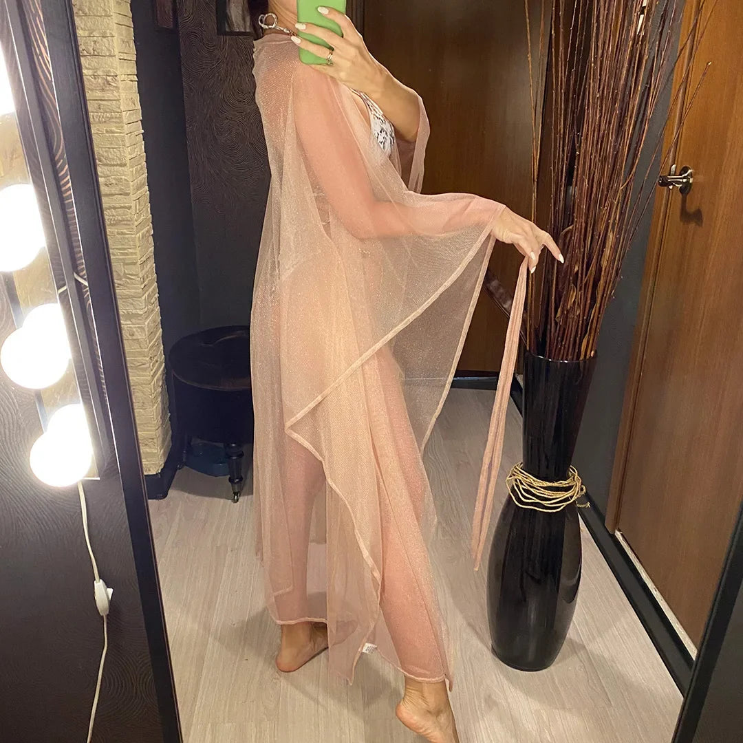 3 Colors Sexy Glitter Mesh Sheer See Through Tunic Beach Cover Up Cover-ups Beach Dress Beach Wear Beachwear Female Women V3217