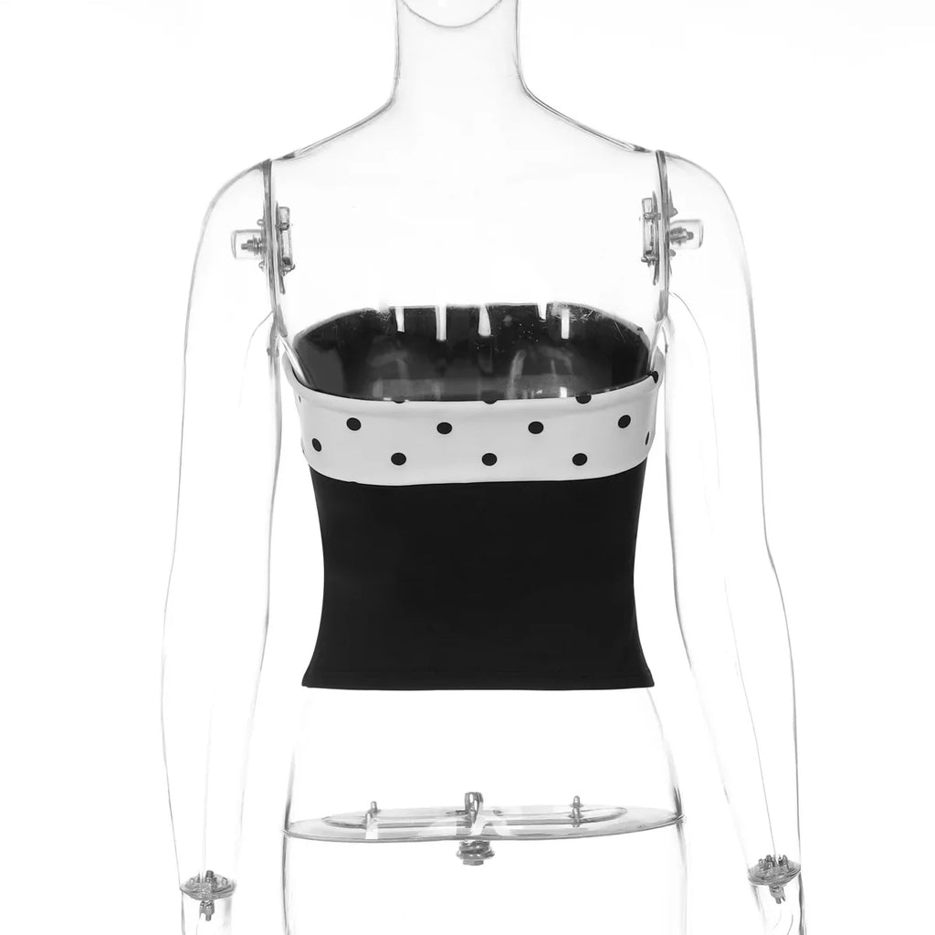 FDYOUI Women's Summer Polka Dot Patchwork Black Corset Sexy Off Shoulder Slim Crop Tops Streetwear Y2K Girls Backless Tank Top