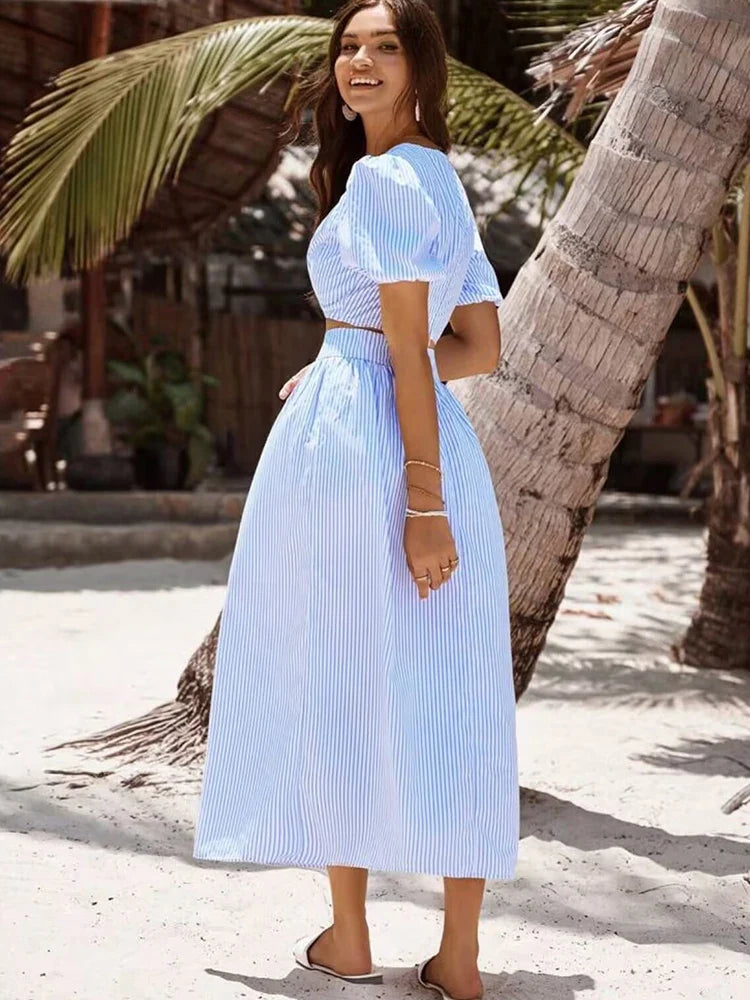 Foridol Striped Women Summer New in Matching Sets Top+skirt  Two Piece Set Outfits 2025 Light Blue Beach Casual Elegant Suit