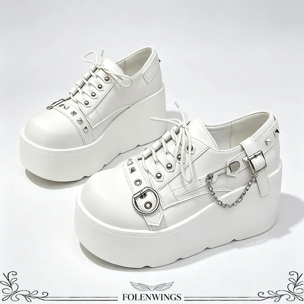 New Arrival Gothic Black Rivets Platform Creepers Shoes White Chain Decor Goth Creepers Chunky Lace Up Lolita Casual Shoes