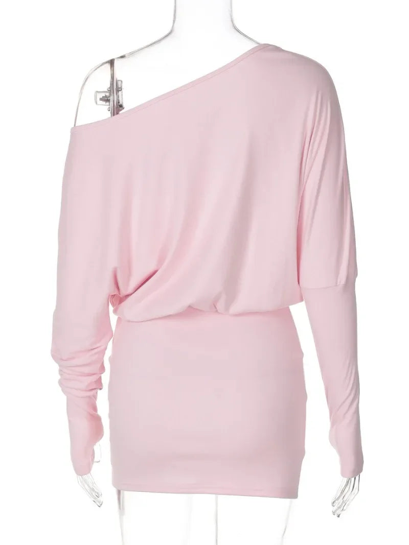 Woman Clothes Diagonal Collar Long Sleeve Package Hip Short Dress Streetwear Black Pink High Waist Tunics Slim Party Dresses